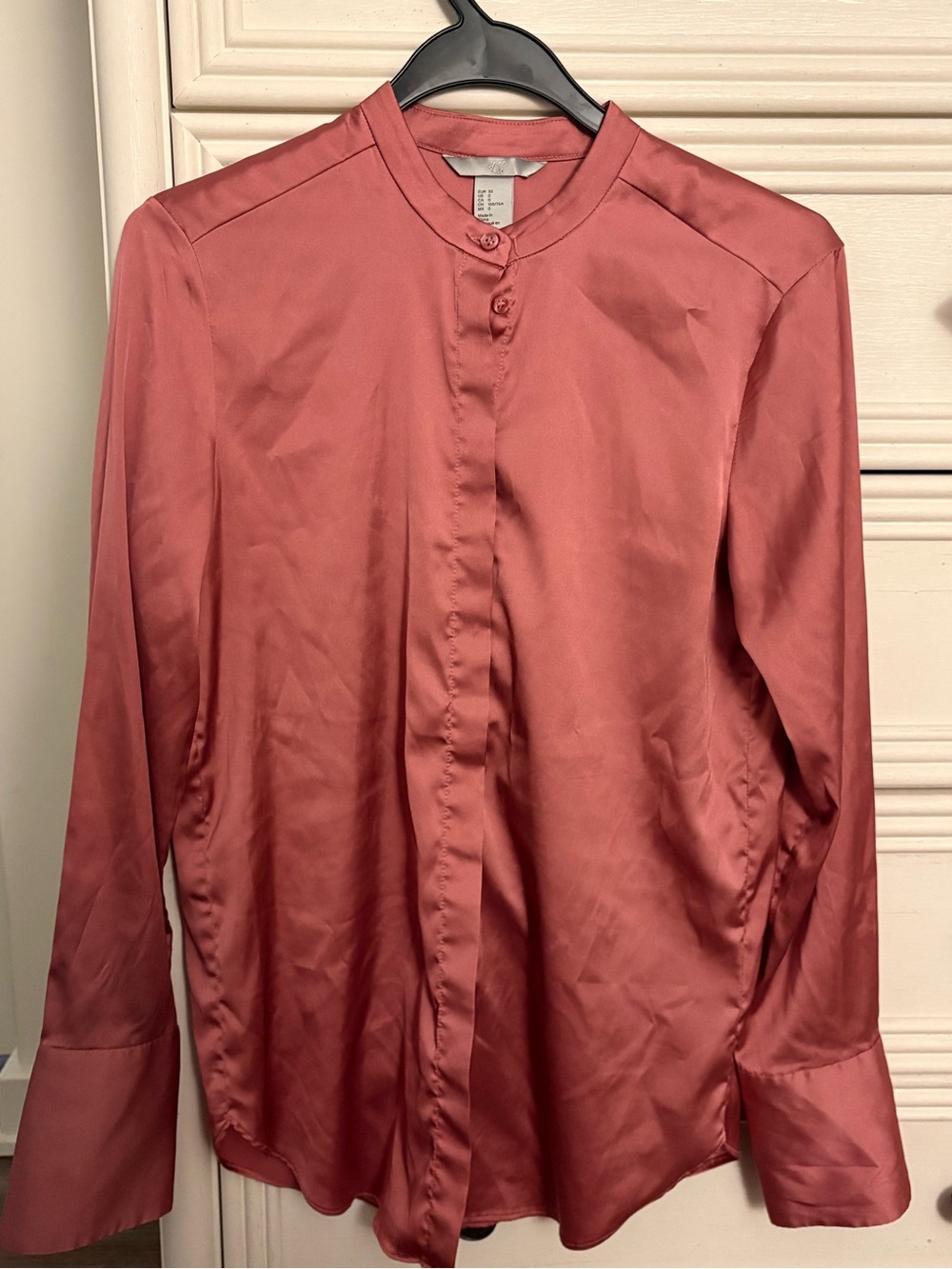 H&M Satin Band-Collar Blouse in Dusty Rose